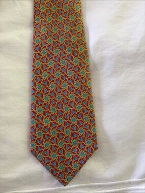 HERMES Red Gold Blue Geometric Silk Tie
